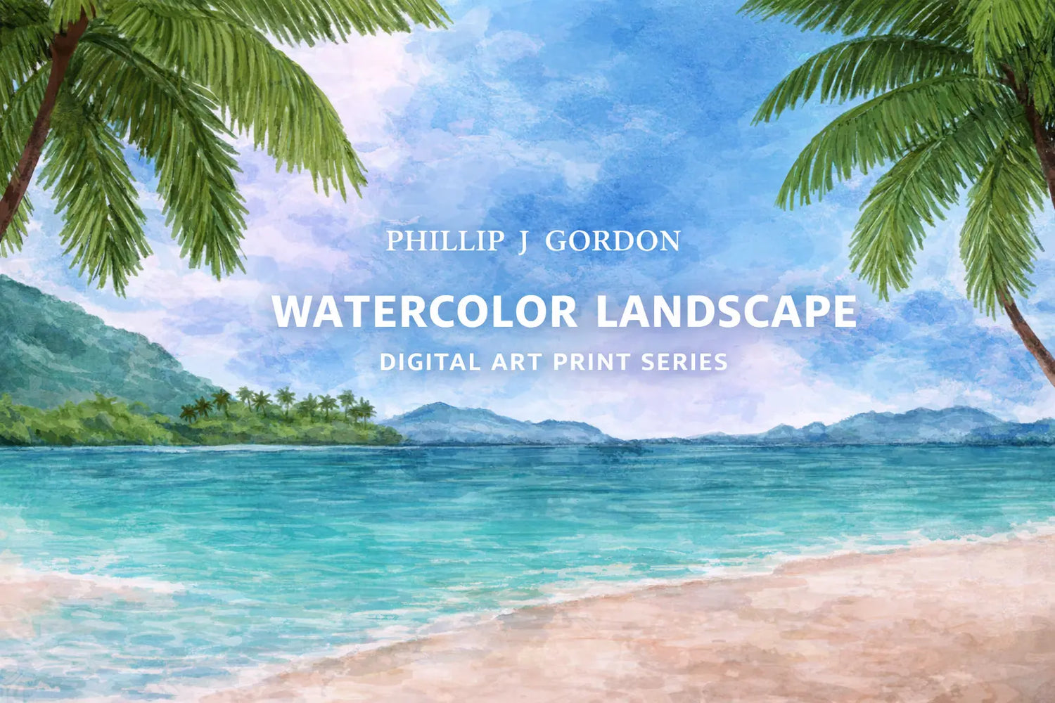 Watercolor tropical beach scene with palm trees, turquoise water, and distant hills.