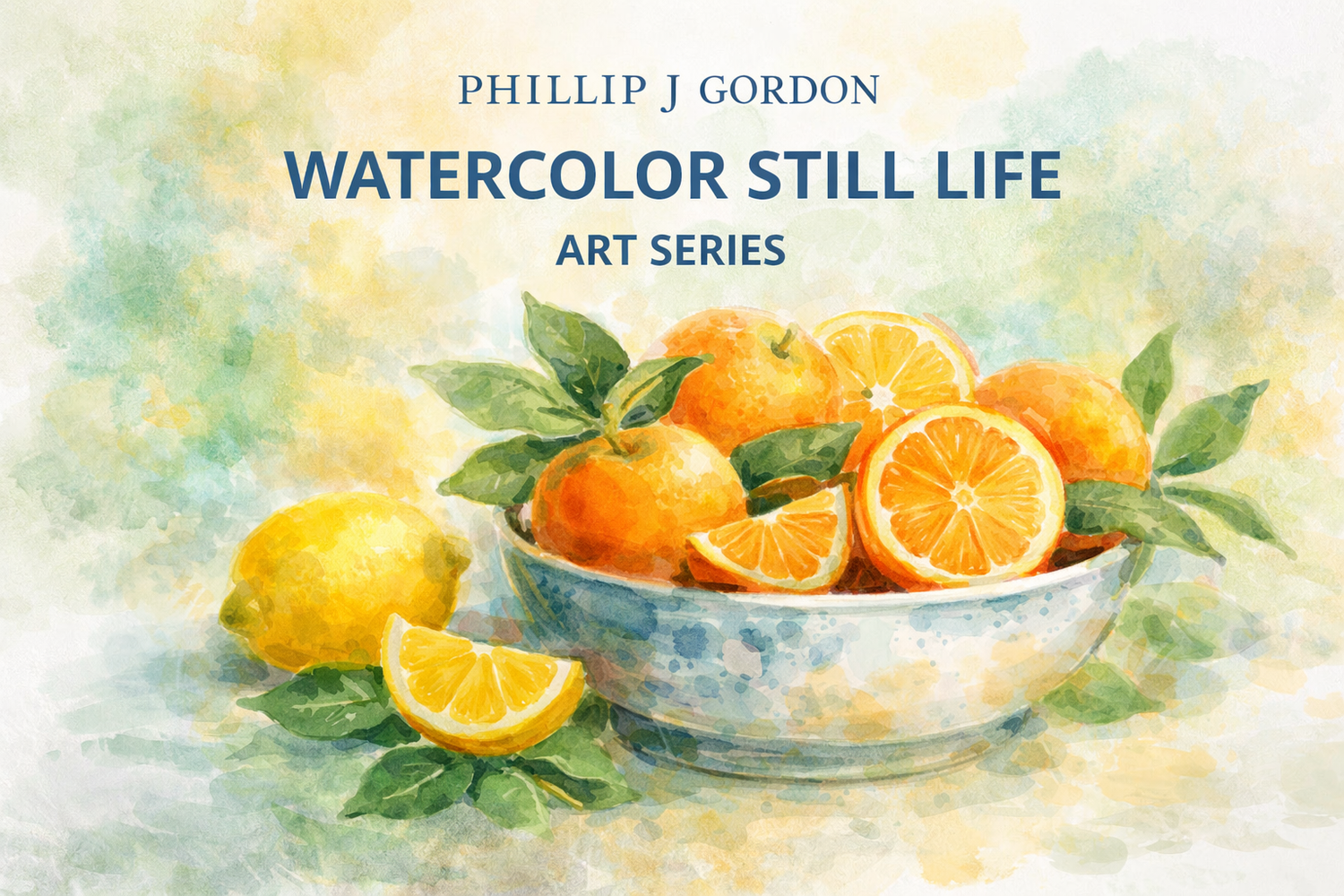 Vibrant watercolor painting of citrus fruits in a blue bowl, featuring bright oranges, lemons, and soft blended background tones.