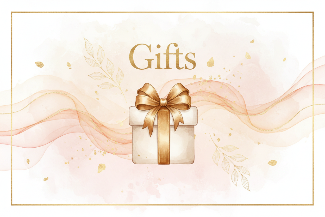 Gifts for art lovers — elegant watercolour gift box with gold ribbon in blush pink and gold tones, Phillip J Gordon Digital Art Prints