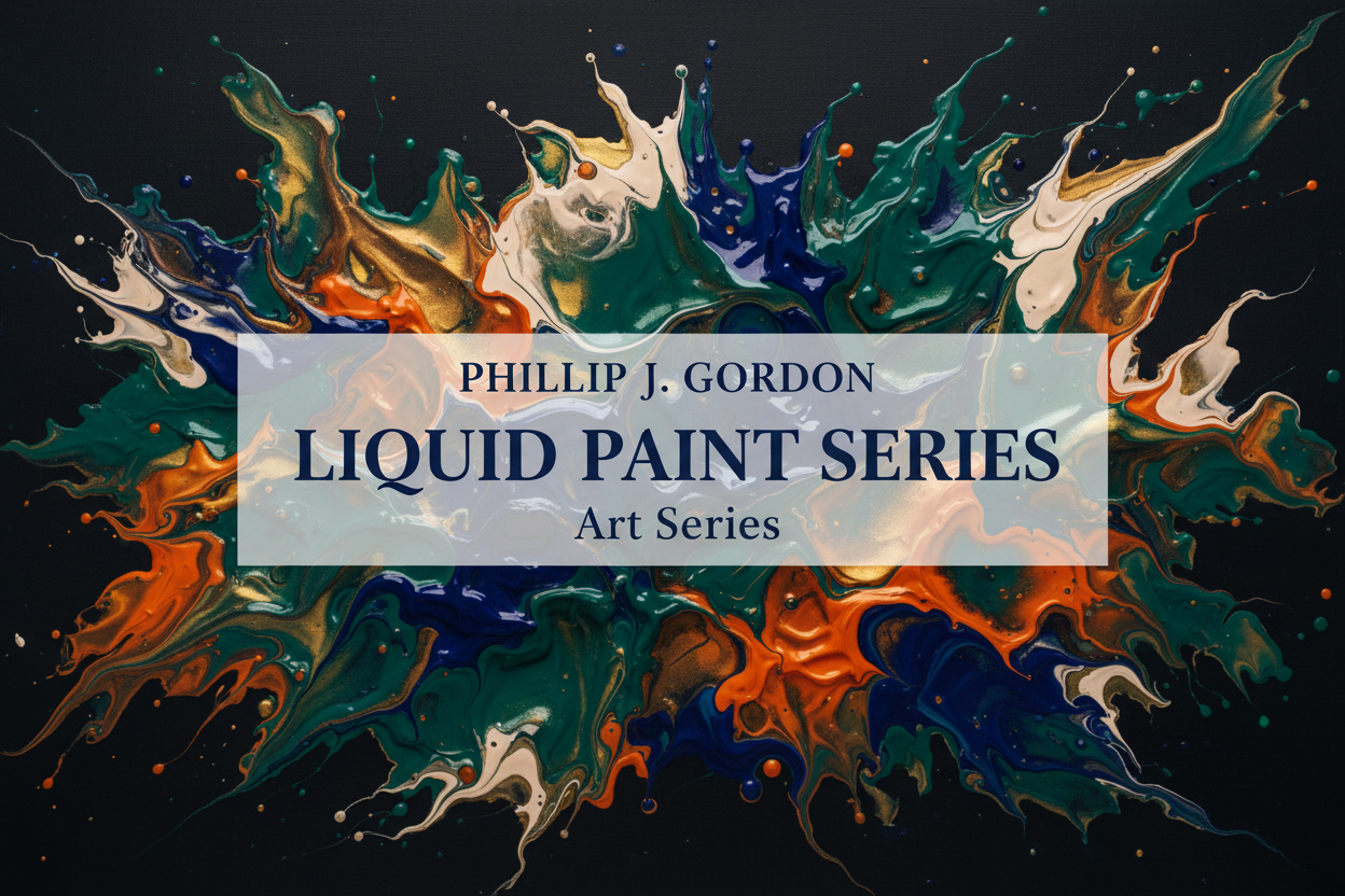 Abstract liquid paint art print in jewel tones — sapphire blue, emerald green and burnt orange fluid swirls — digital download by Phillip J Gordon