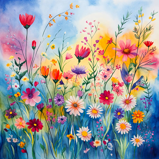 Colorful painting of various flowers with a blue and yellow gradient background.