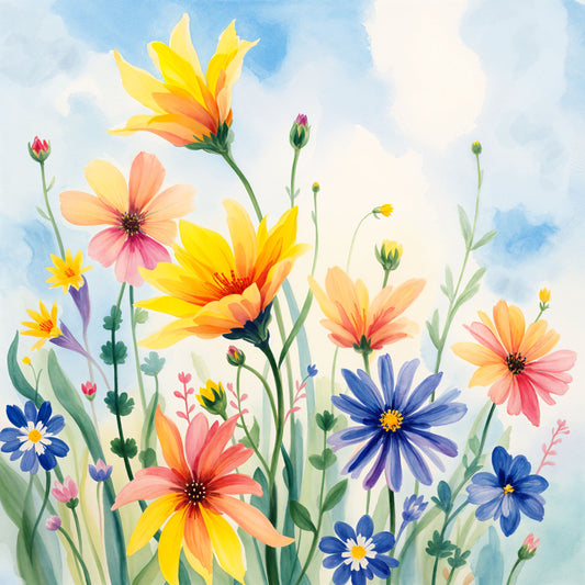 Colorful illustration of various flowers with a blue sky background