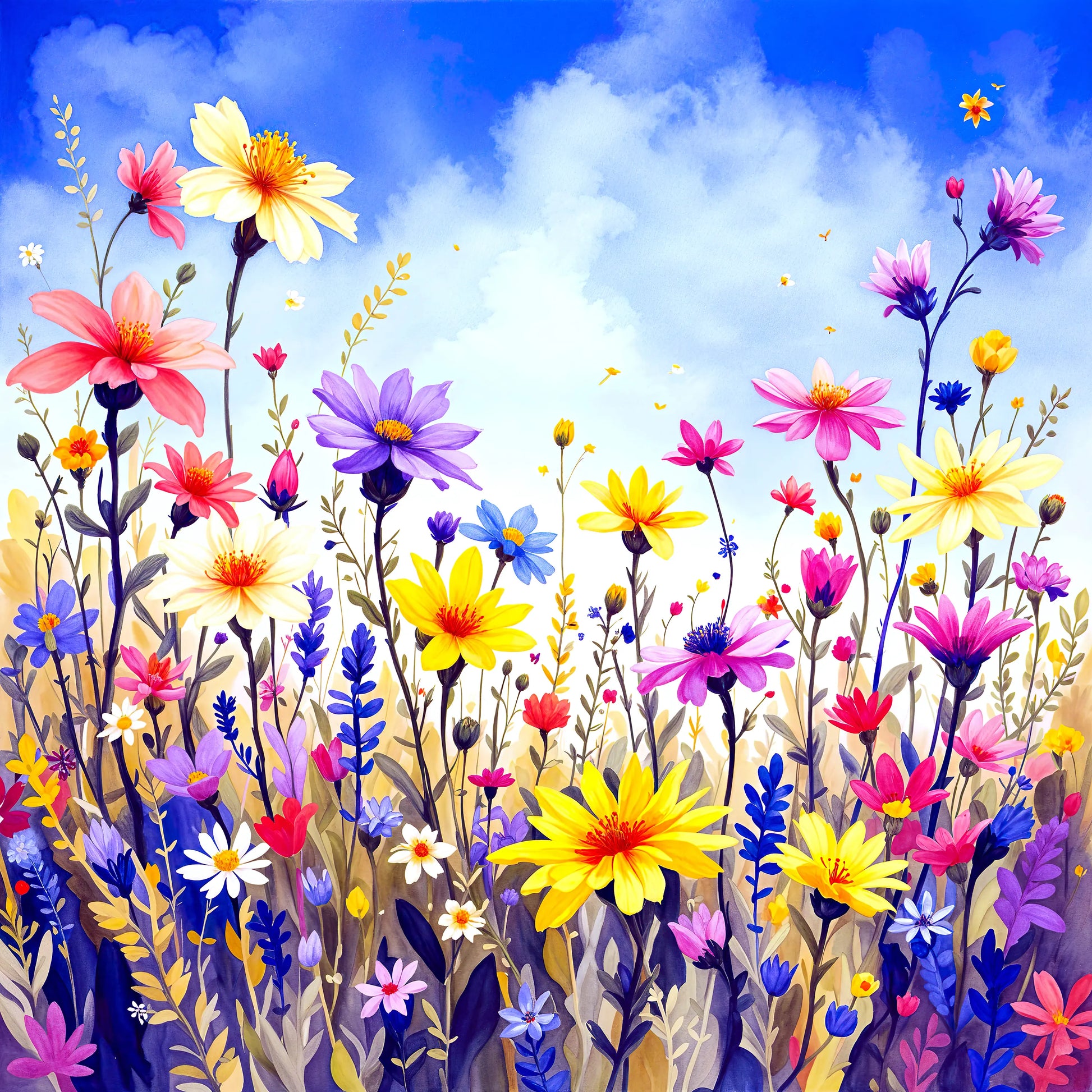 Abstract wildflower meadow watercolour wall art print. Vibrant pink, yellow, purple and blue blooms. Instant digital download. 300DPI.