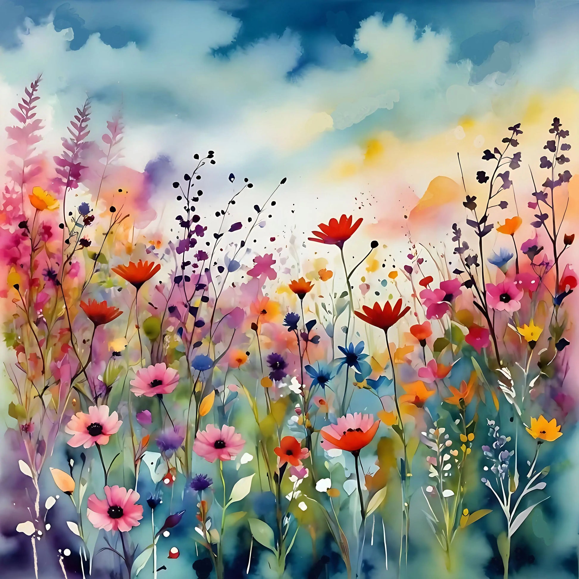 Abstract Wildflowers Watercolor — Sun-Drenched Field Digital Artistry