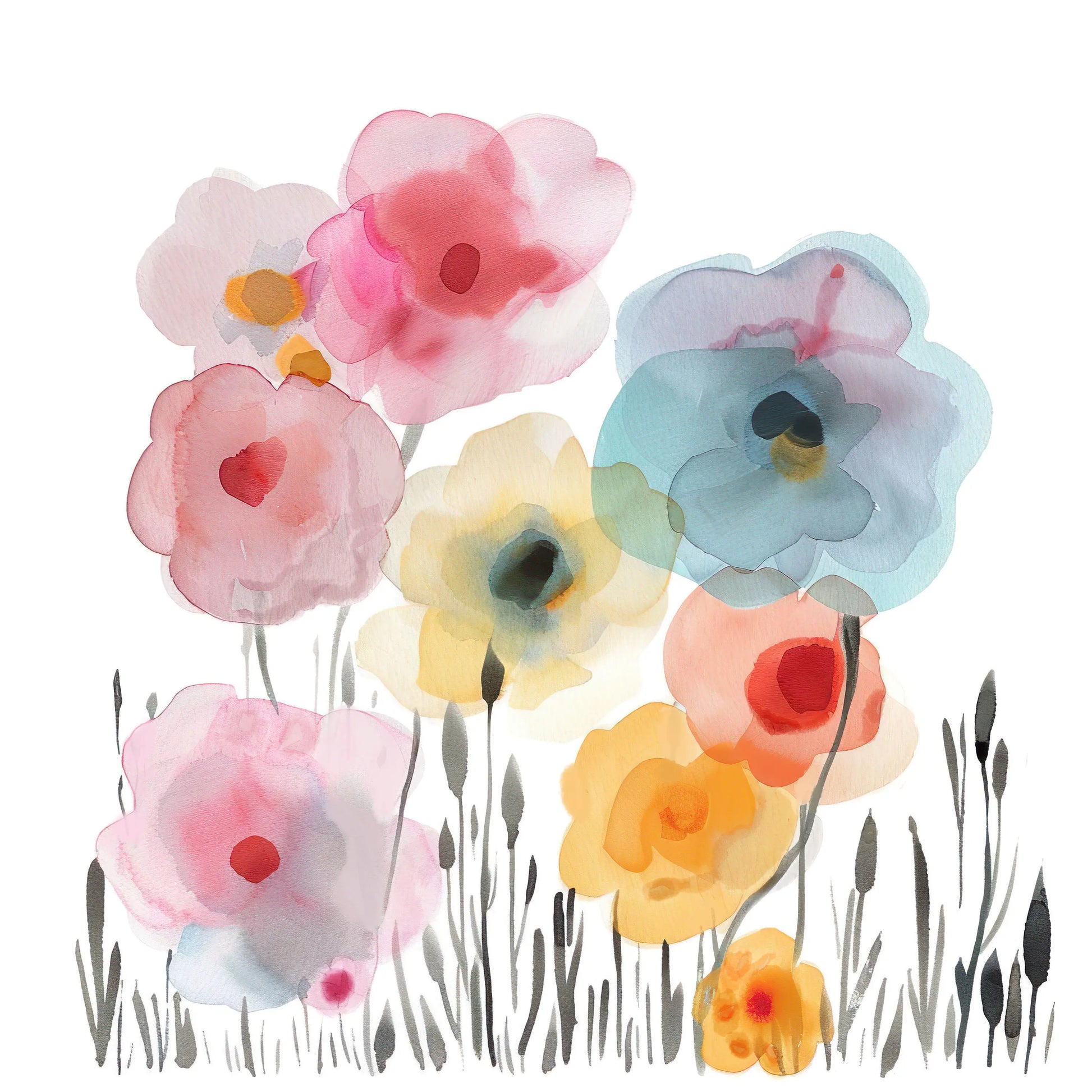 Colorful watercolor flowers on a white background.