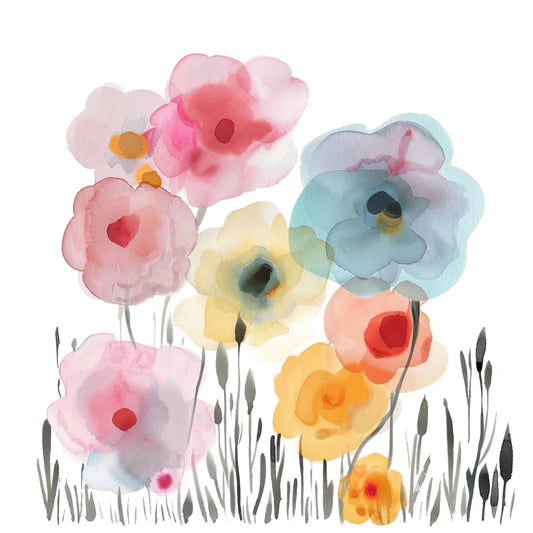 Colorful watercolor flowers on a white background.