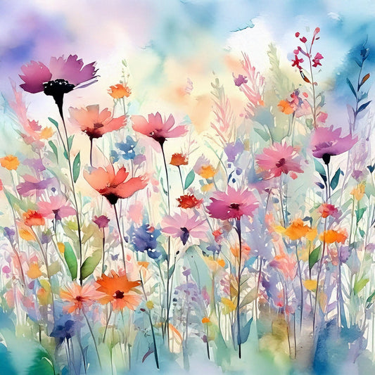 Colorful floral painting with a variety of flowers against a soft, multicolored background.
