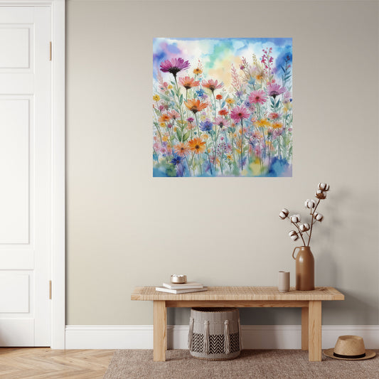 Colorful floral painting on a wall above a wooden bench with decorative items.