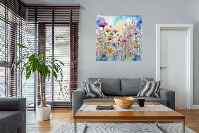 Living room with a gray sofa, wooden coffee table, and colorful floral painting on the wall.