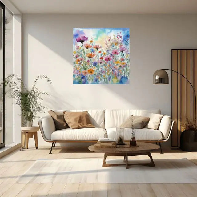 Living room with a floral painting on the wall above a beige sofa.