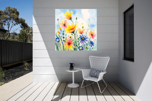 Colorful floral painting on a wall above a white chair and small table outdoors.