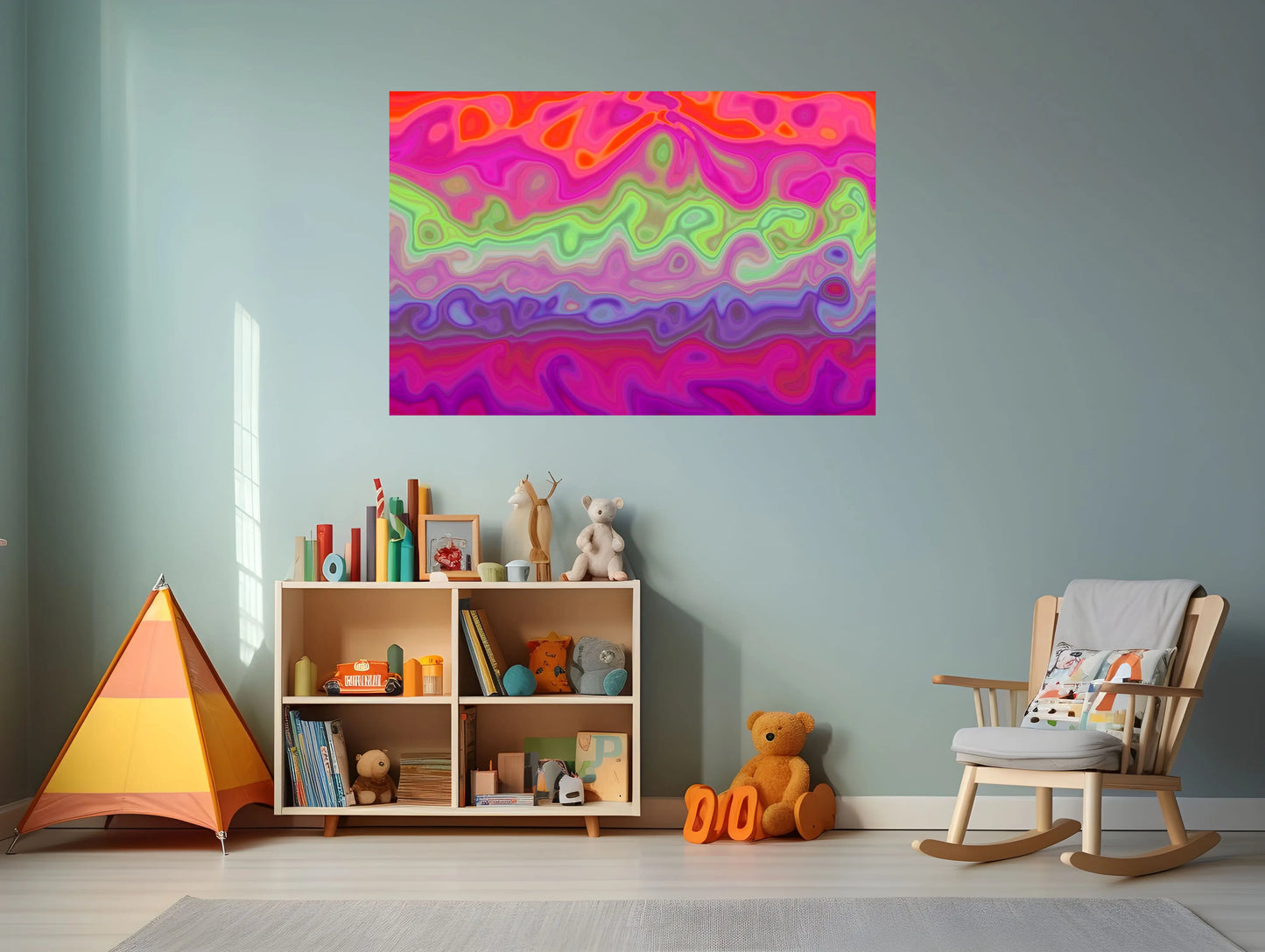 Colorful abstract painting on a wall above a shelf with toys in a child's room.