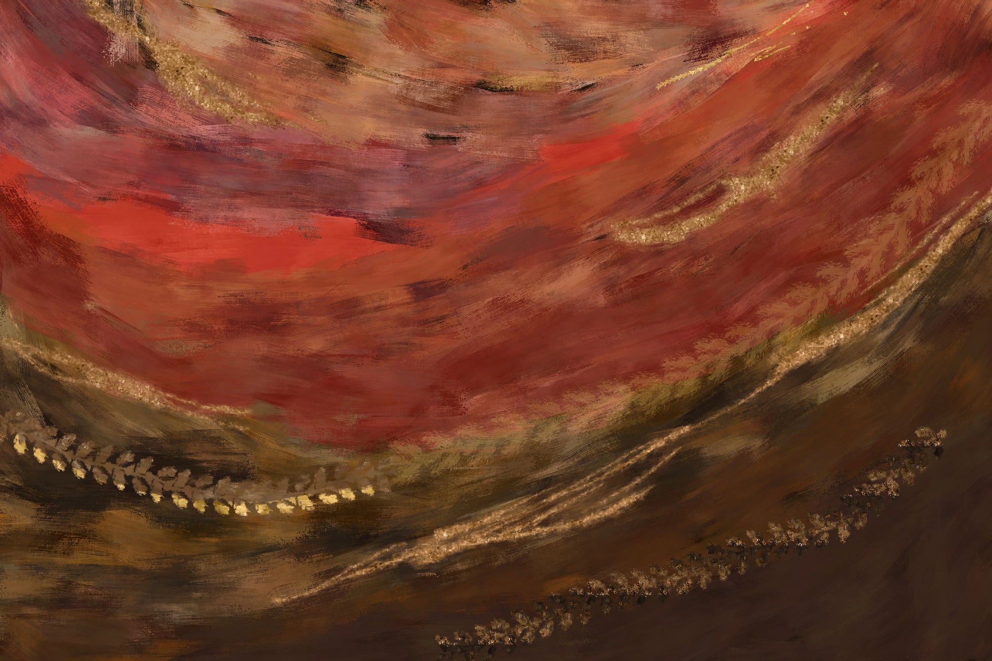 Abstract art with swirling red, gold, and brown colors.