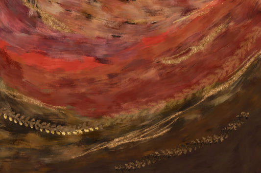 Abstract art with swirling red, gold, and brown colors.