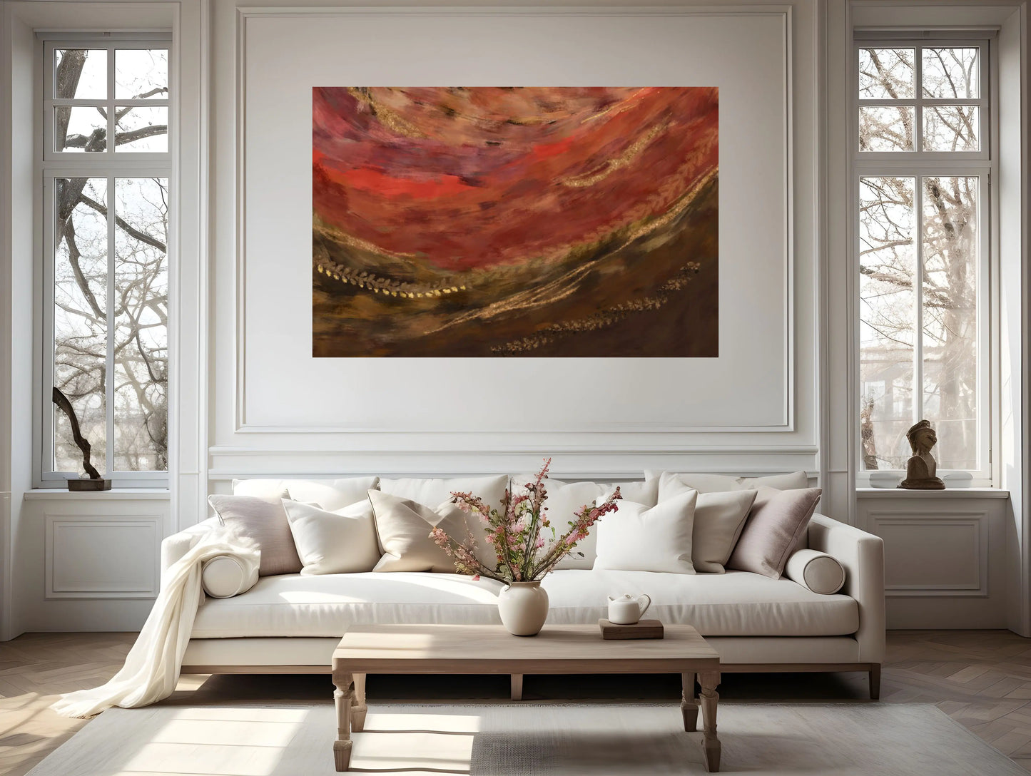Living room with a white sofa, coffee table, and abstract painting on the wall.