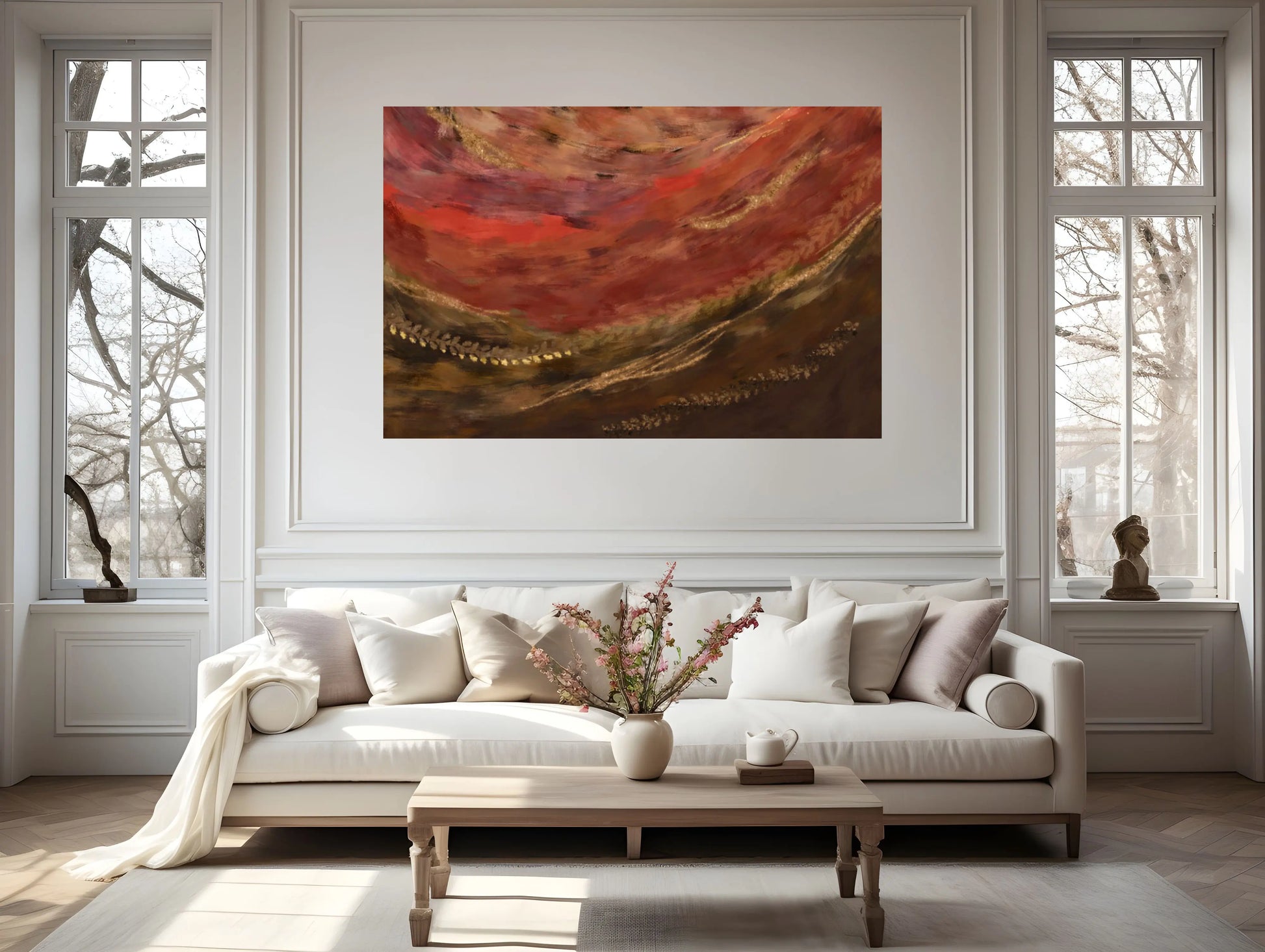 Living room with a white sofa, coffee table, and abstract painting on the wall.