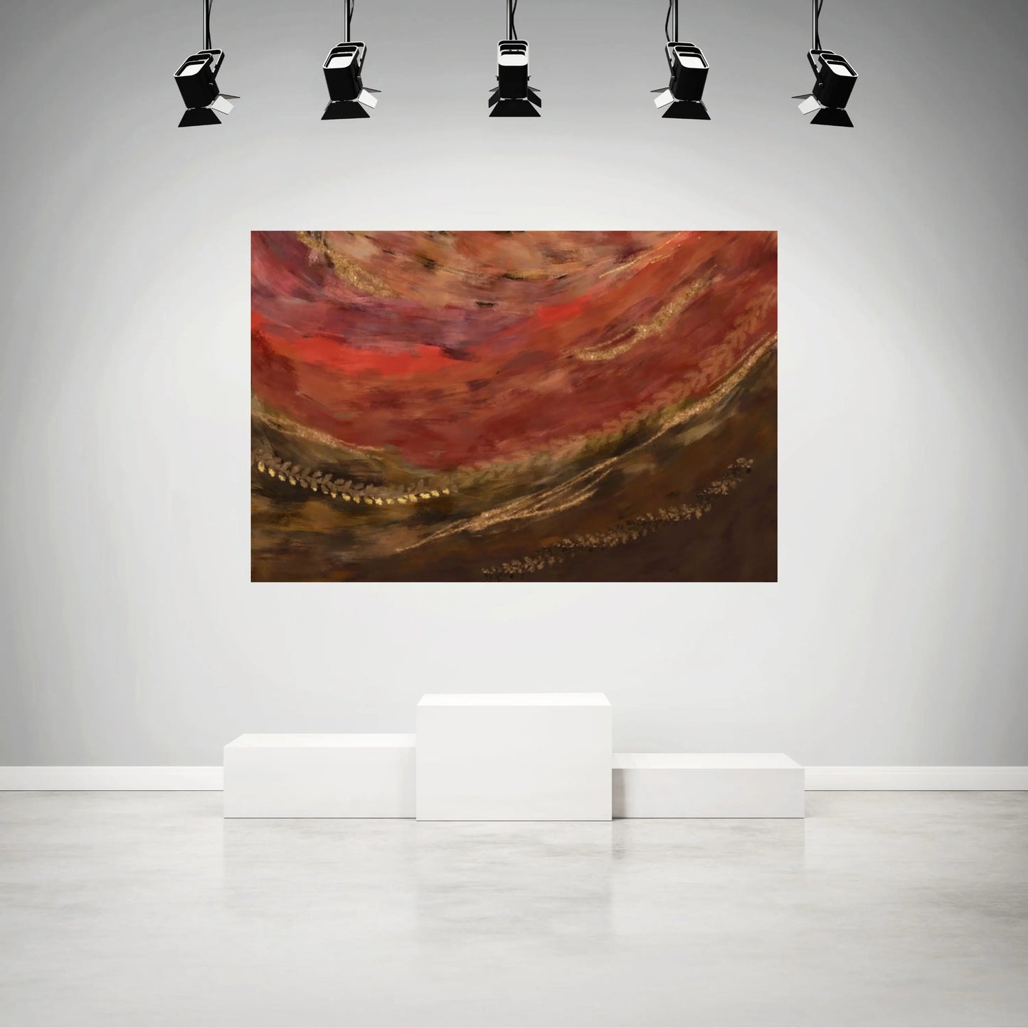 Abstract painting on a white wall with spotlights.