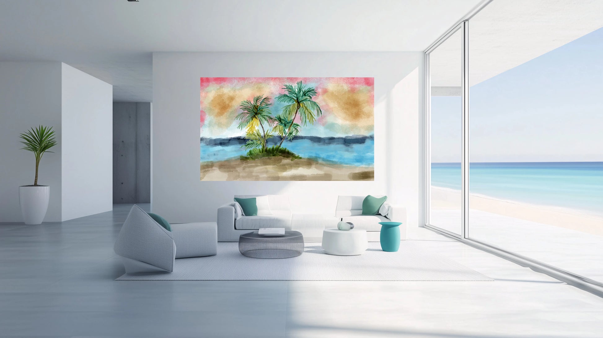 Palmlight Cove serene tropical beach watercolour art print displayed in a luxury minimal living room with timber arch, white sofa and herringbone floor, by Phillip J Gordon.