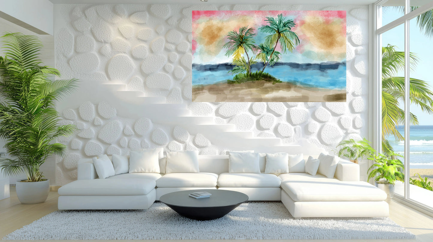 Palmlight Cove tropical palm island watercolour art print in a large hotel lobby setting with grey feature wall, by Phillip J Gordon.