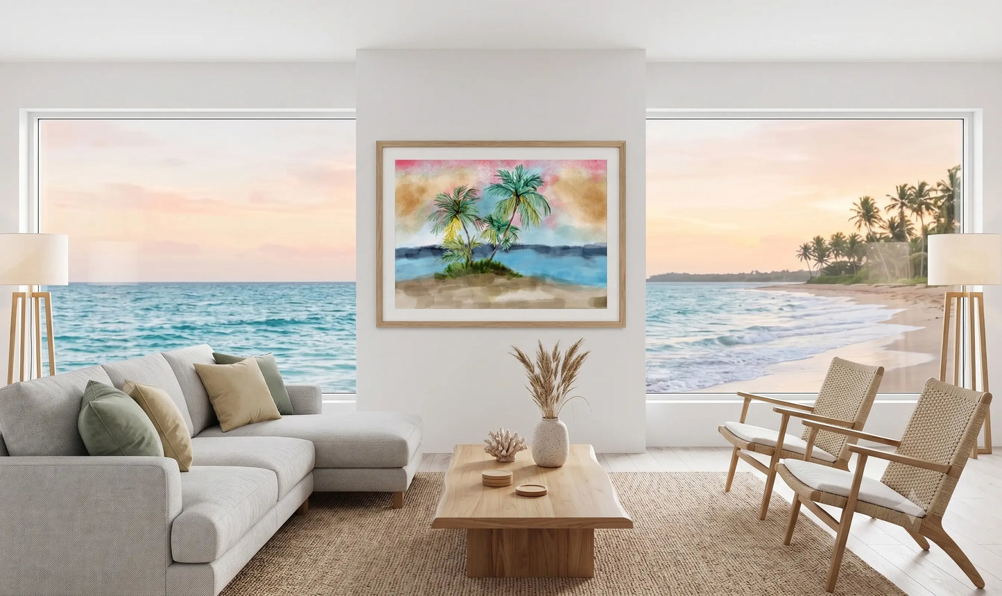  Palmlight Cove calming tropical watercolour art print in a bright clean white room with natural light and plants, by Phillip J Gordon.