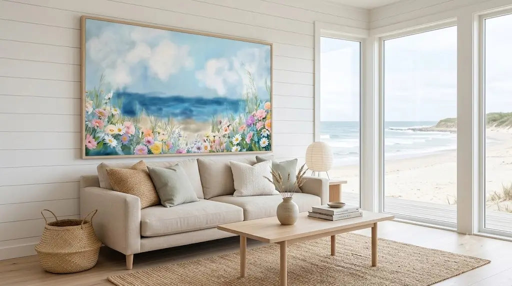 A large framed landscape painting of a beach and wildflowers hangs on a white shiplap wall above a beige sofa in a bright, modern living room with a view of the ocean through floor-to-ceiling windows.
