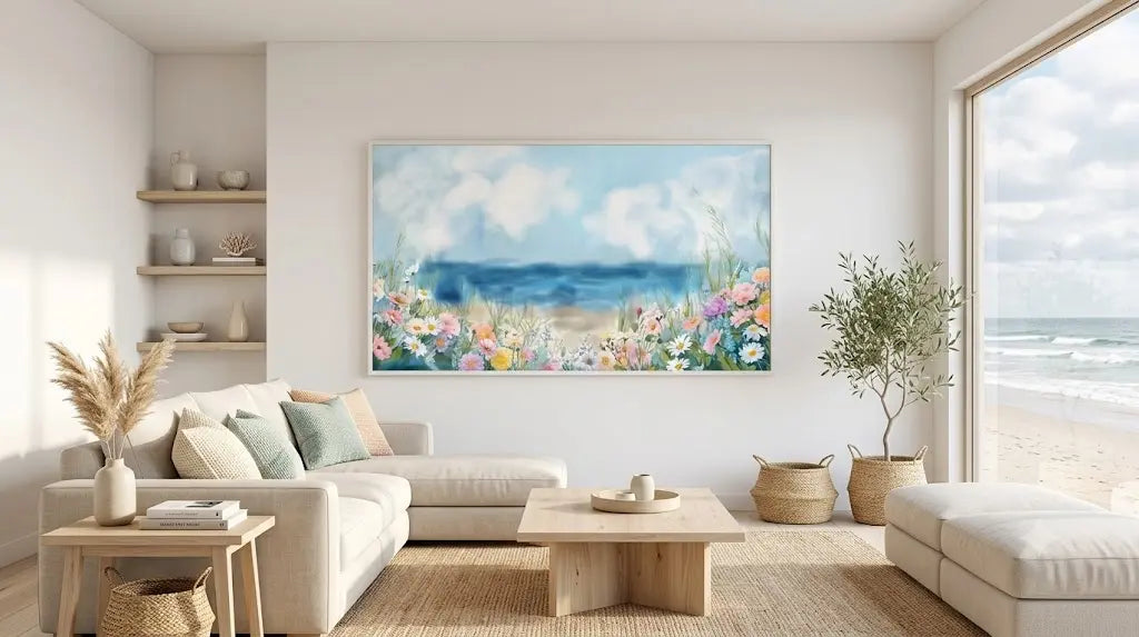 A large framed horizontal canvas print of a colorful beach flower meadow hangs on a white wall in a bright, modern living room with a beige sofa, wooden coffee table, and a large window overlooking the ocean.