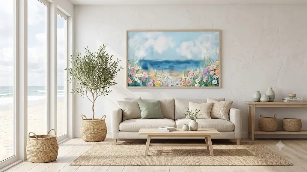 A framed pastel landscape painting of a beach and wildflowers hangs on a light beige wall above a modern beige sofa in a bright, minimalist living room with a coffee table, potted tree, and large windows overlooking the ocean.