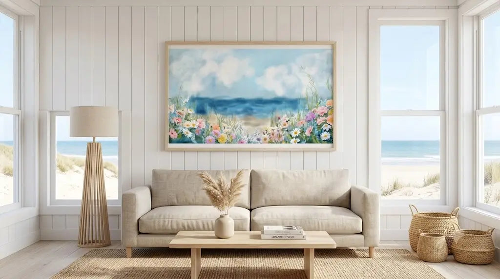 A framed landscape painting of a blue ocean and white clouds with colorful wildflowers, displayed on a white shiplap wall above a beige sofa in a bright, modern living room.