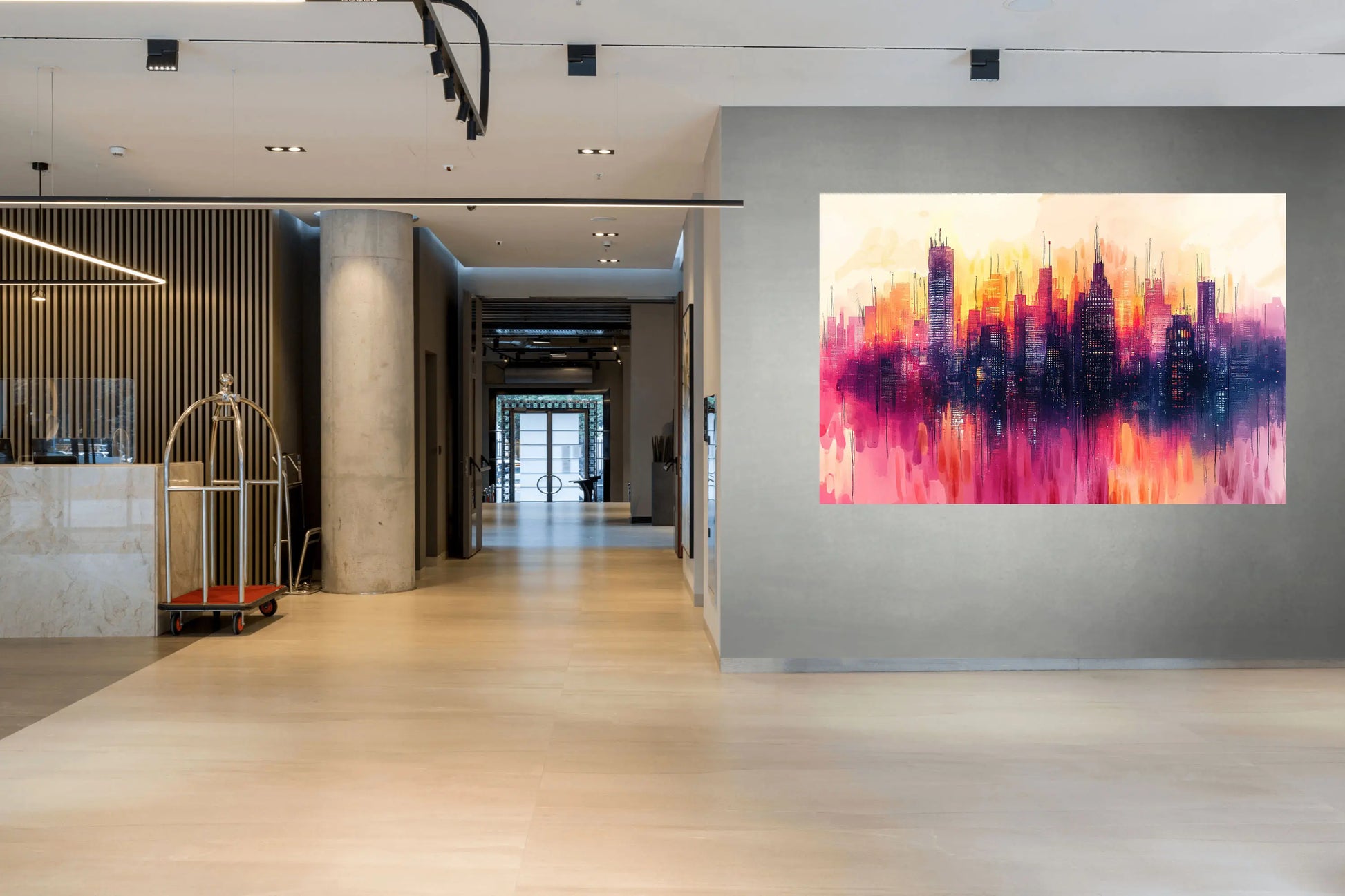 Modern interior with a large wall-mounted display of a cityscape.