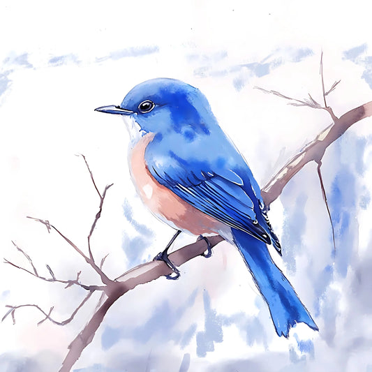 Blue bird perched on a branch with a snowy background
