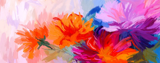 Colorful abstract painting of flowers with vibrant orange, pink, and purple hues.