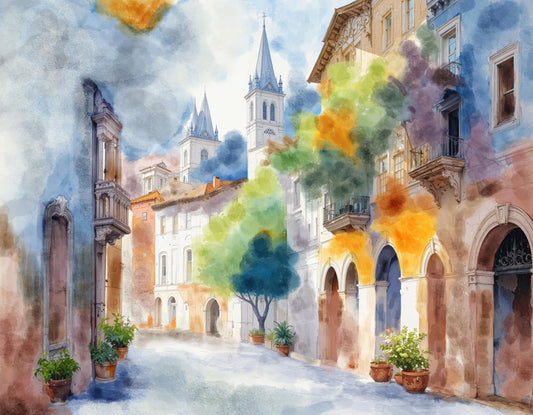 European street watercolor digital art print with bright buildings and arched doorways