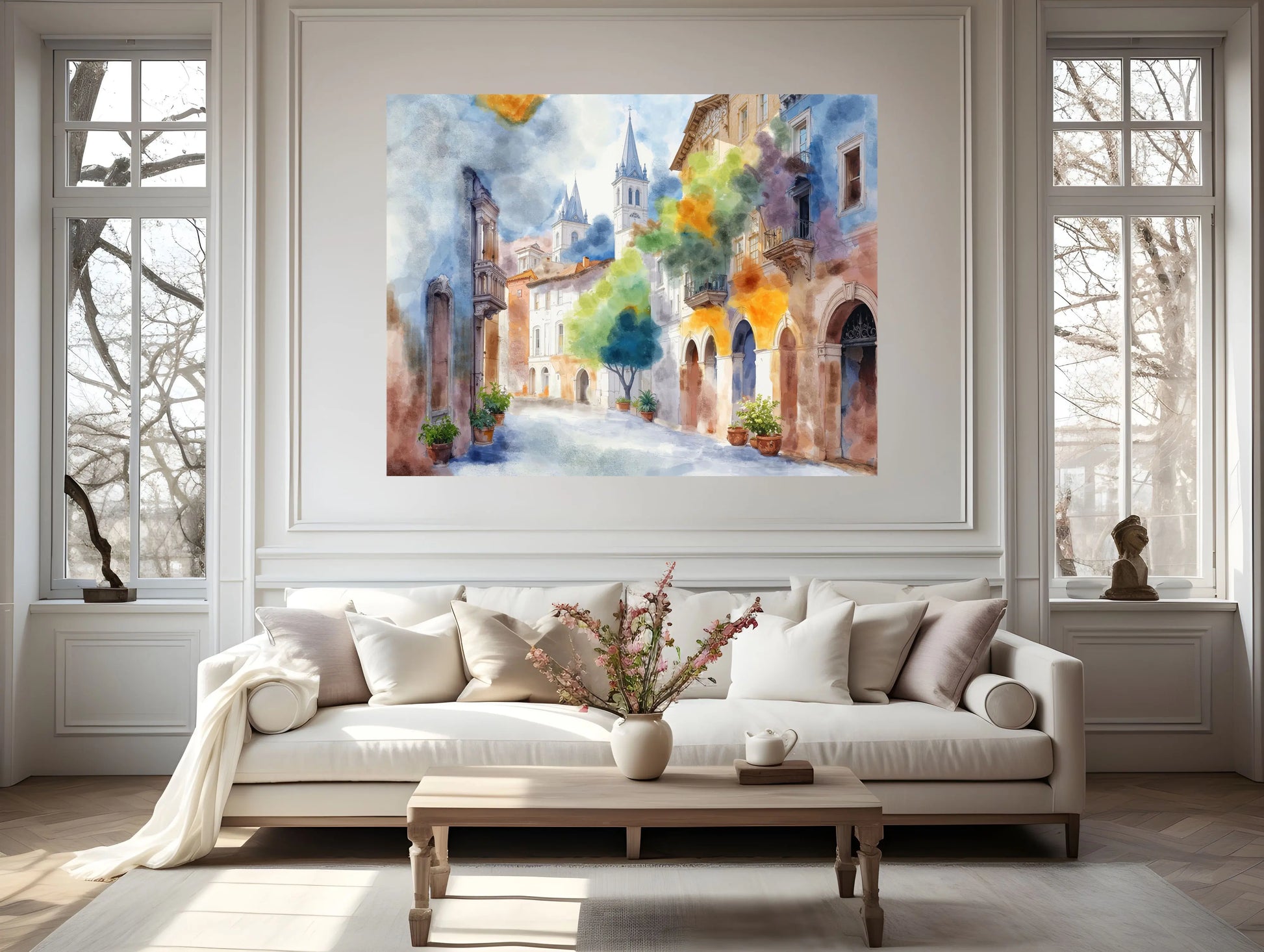 Living room with a large painting of a colorful street scene on the wall.