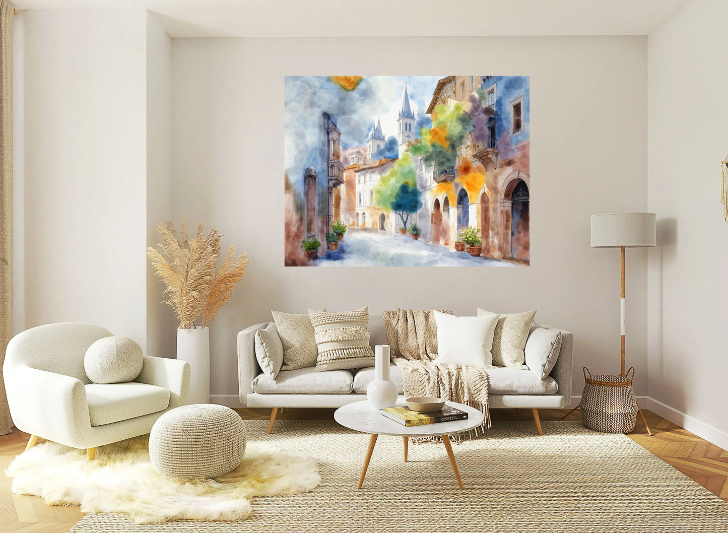 Living room with a large wall art depicting a colorful street scene.