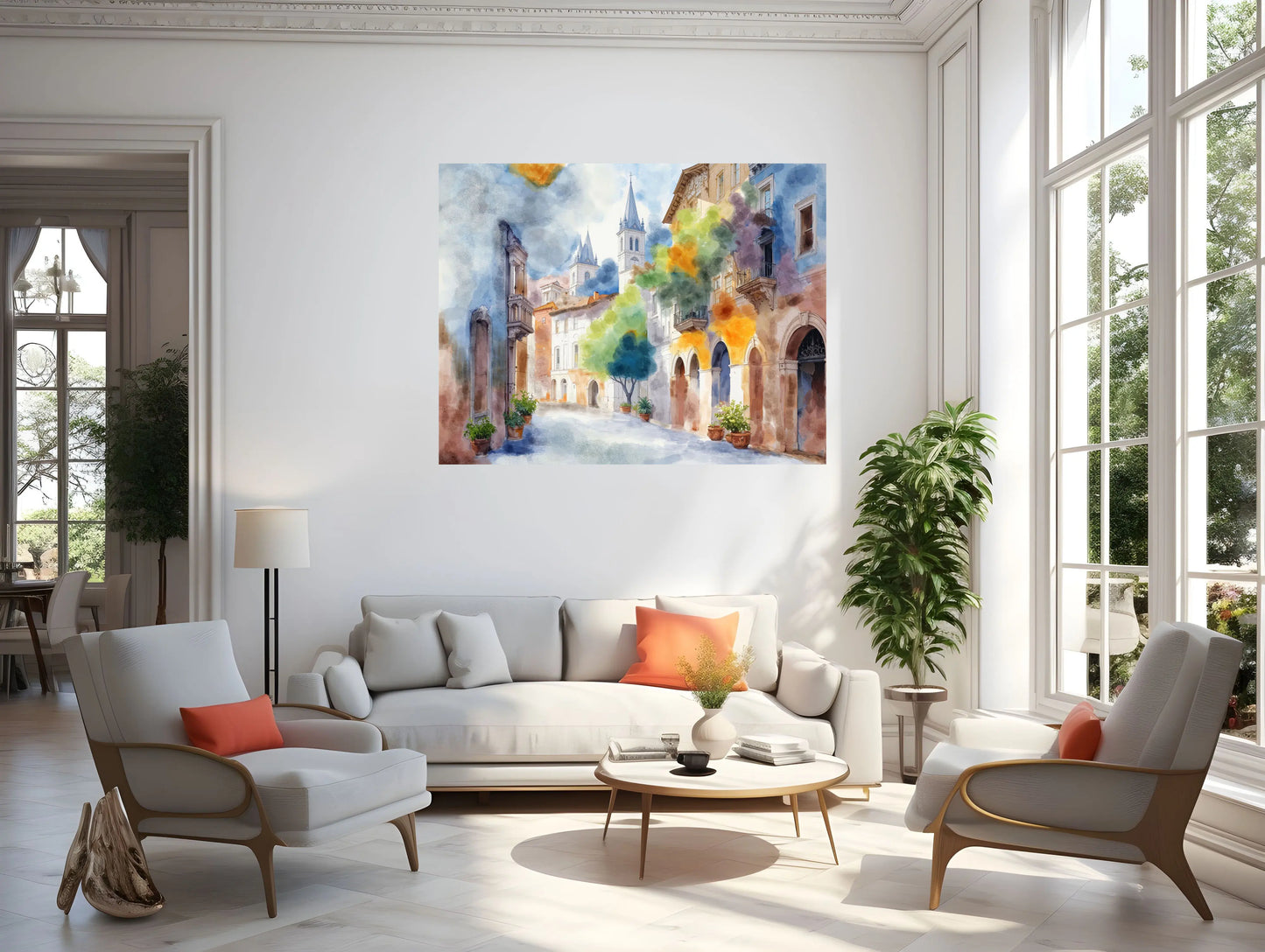Living room with a large painting of a colorful street scene on the wall.
