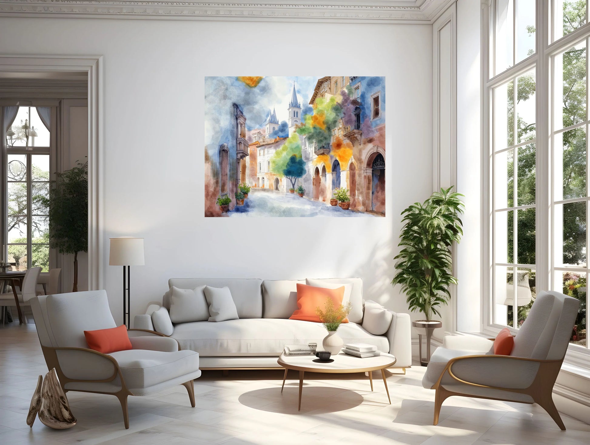Living room with a large painting of a colorful street scene on the wall.