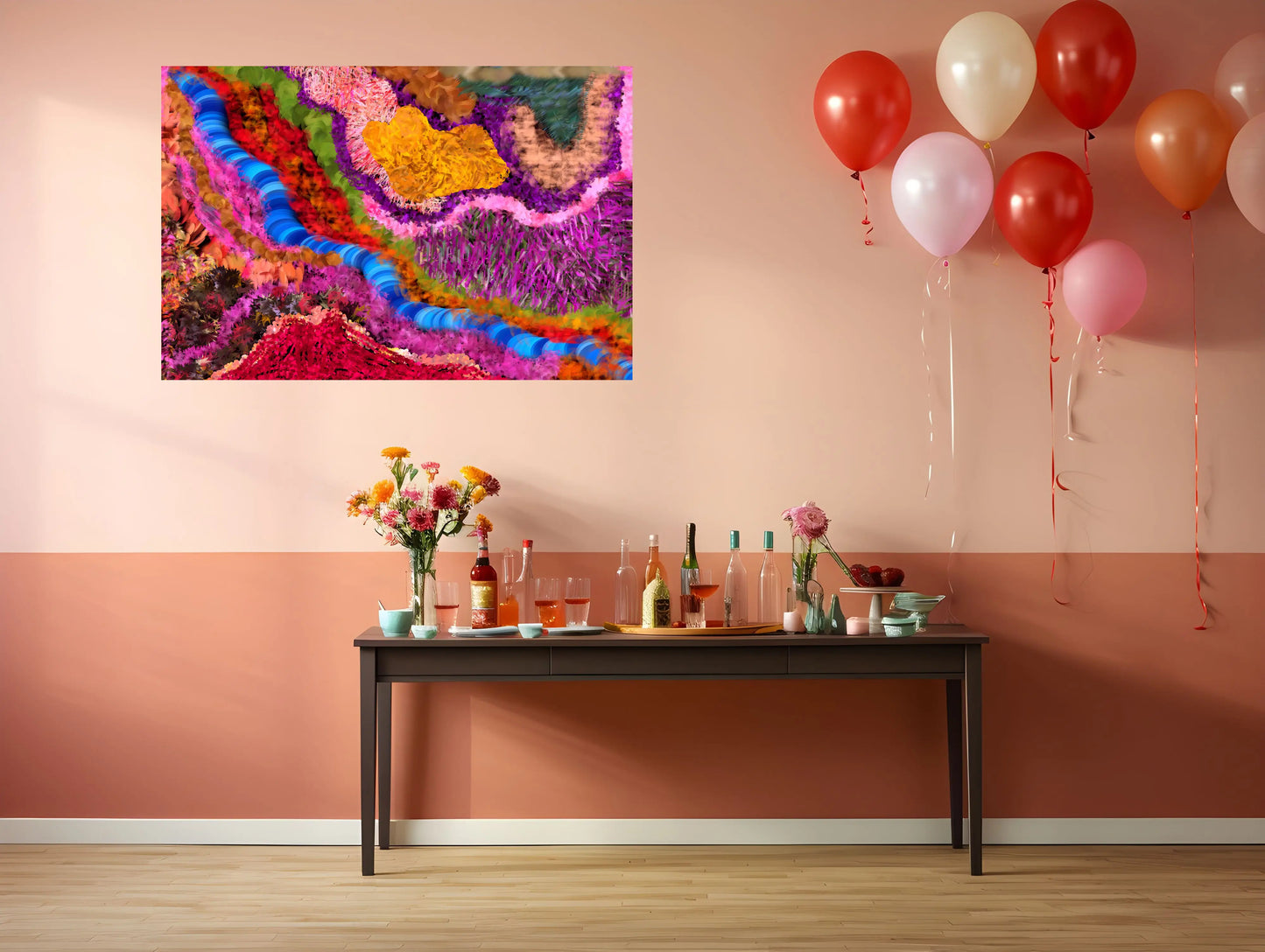 Colorful abstract painting on a wall with a table, drinks, and balloons in a room.