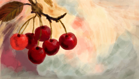Artistic depiction of red cherries on a branch with a soft, blurred background.
