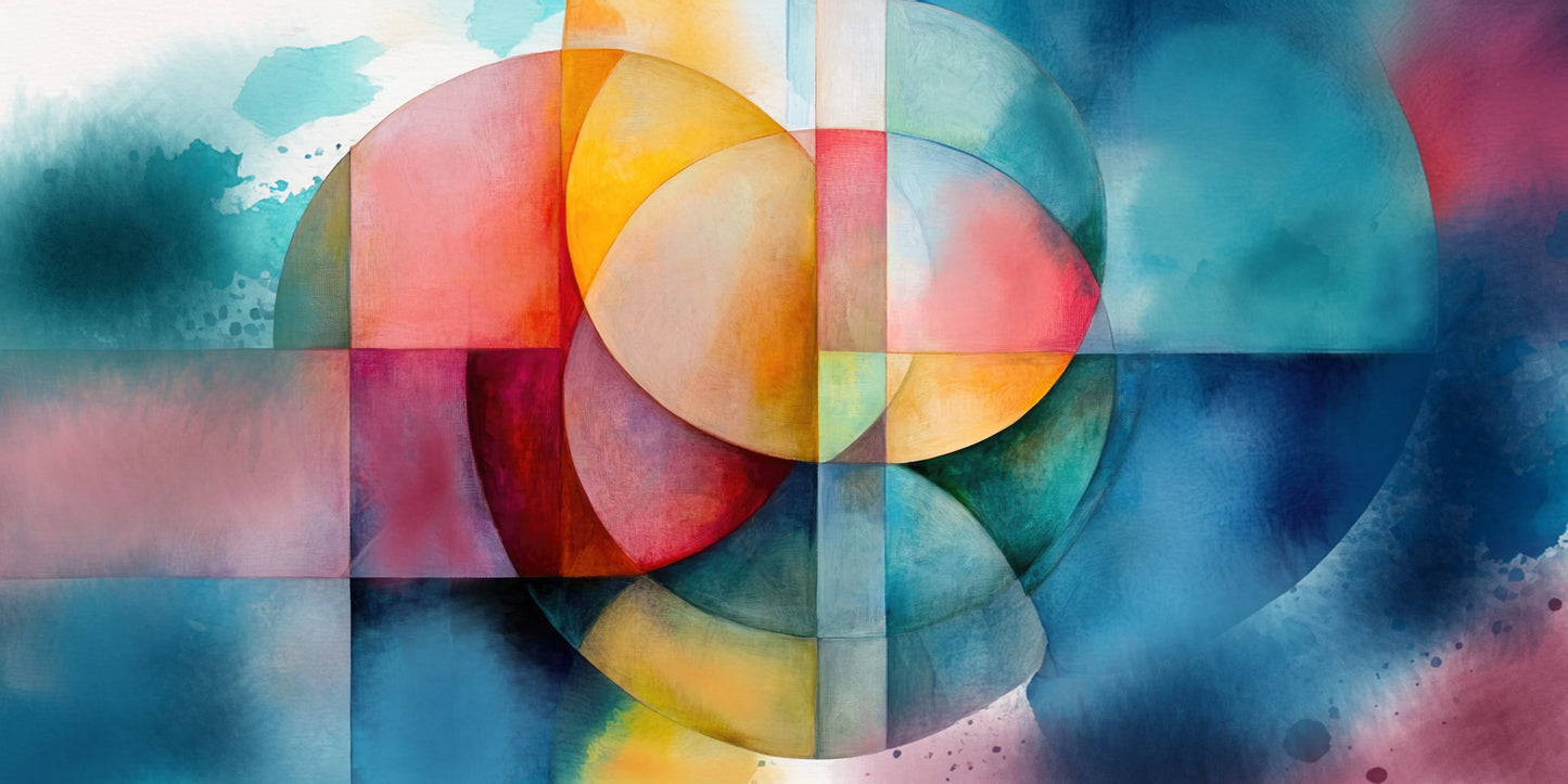 Abstract watercolor artwork featuring overlapping translucent geometric shapes in blue, teal, pink, coral, yellow, and purple on a dark watercolor-textured background.