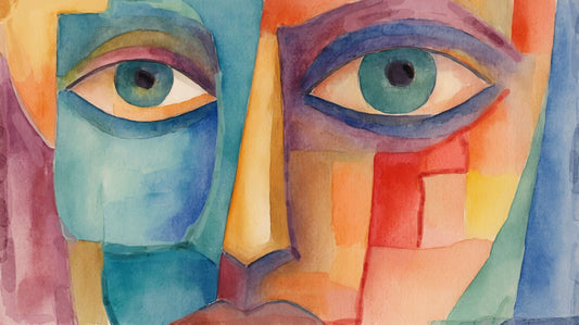 Colorful watercolor painting of a stylized human face with large eyes, featuring geometric blocks of blue, teal, orange, red, yellow, purple, and pink.
