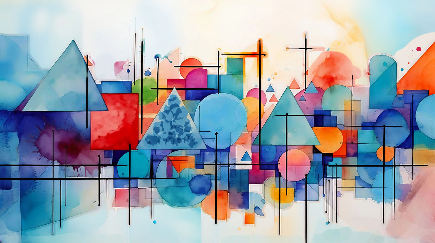 Abstract geometric watercolor painting with overlapping circles, triangles, and rectangles in blue, teal, red, orange, pink, and purple on a light background.