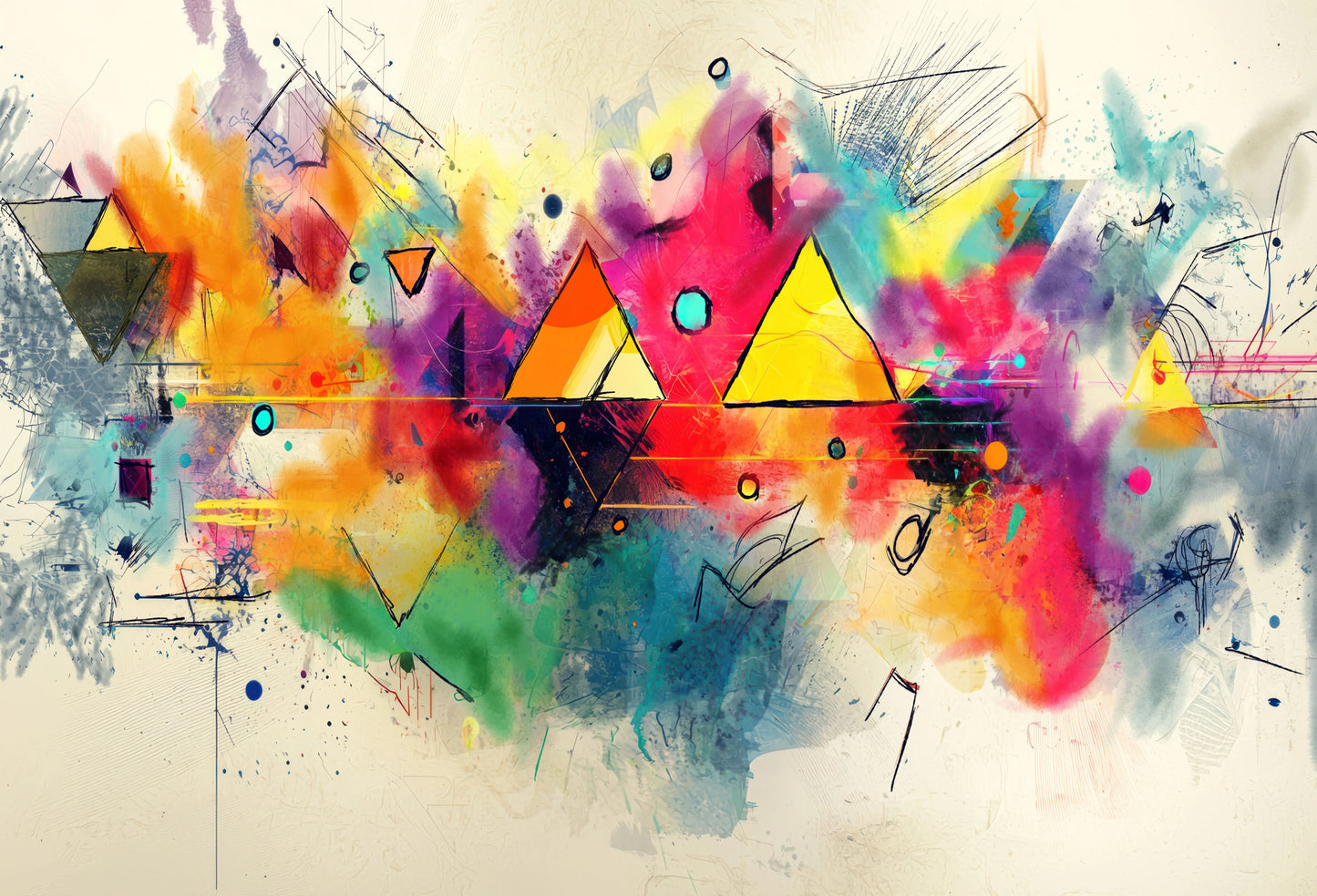 Abstract art with colorful triangles and geometric shapes on a textured background.