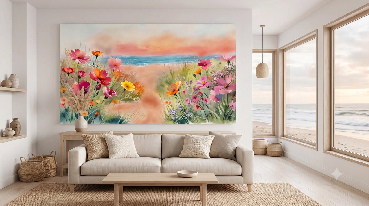 A large rectangular wall art print showing a colorful beach and wildflower scene, displayed above a light beige sofa in a bright modern living room with large windows overlooking the ocean.