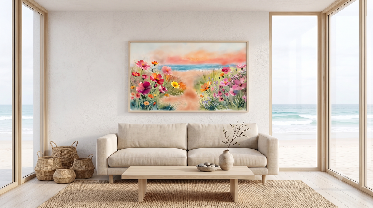 A framed colorful floral painting of a beach scene hangs above a light beige sofa in a bright, modern living room with large windows overlooking the ocean.