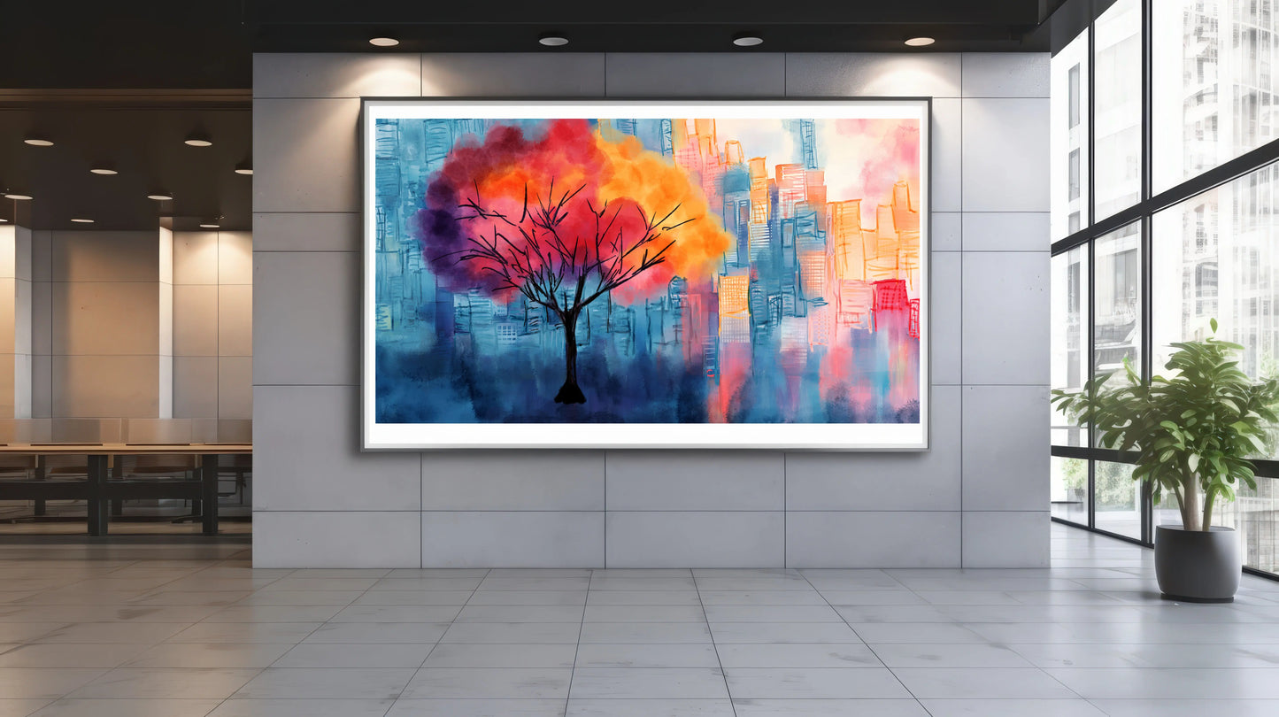 Urban Flame vibrant geometric tree and cityscape watercolour art print displayed on a corporate building wall, by Phillip J Gordon.
