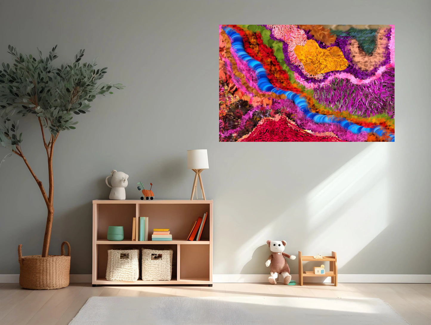 Colorful abstract painting on a wall above a wooden shelf with books and toys.