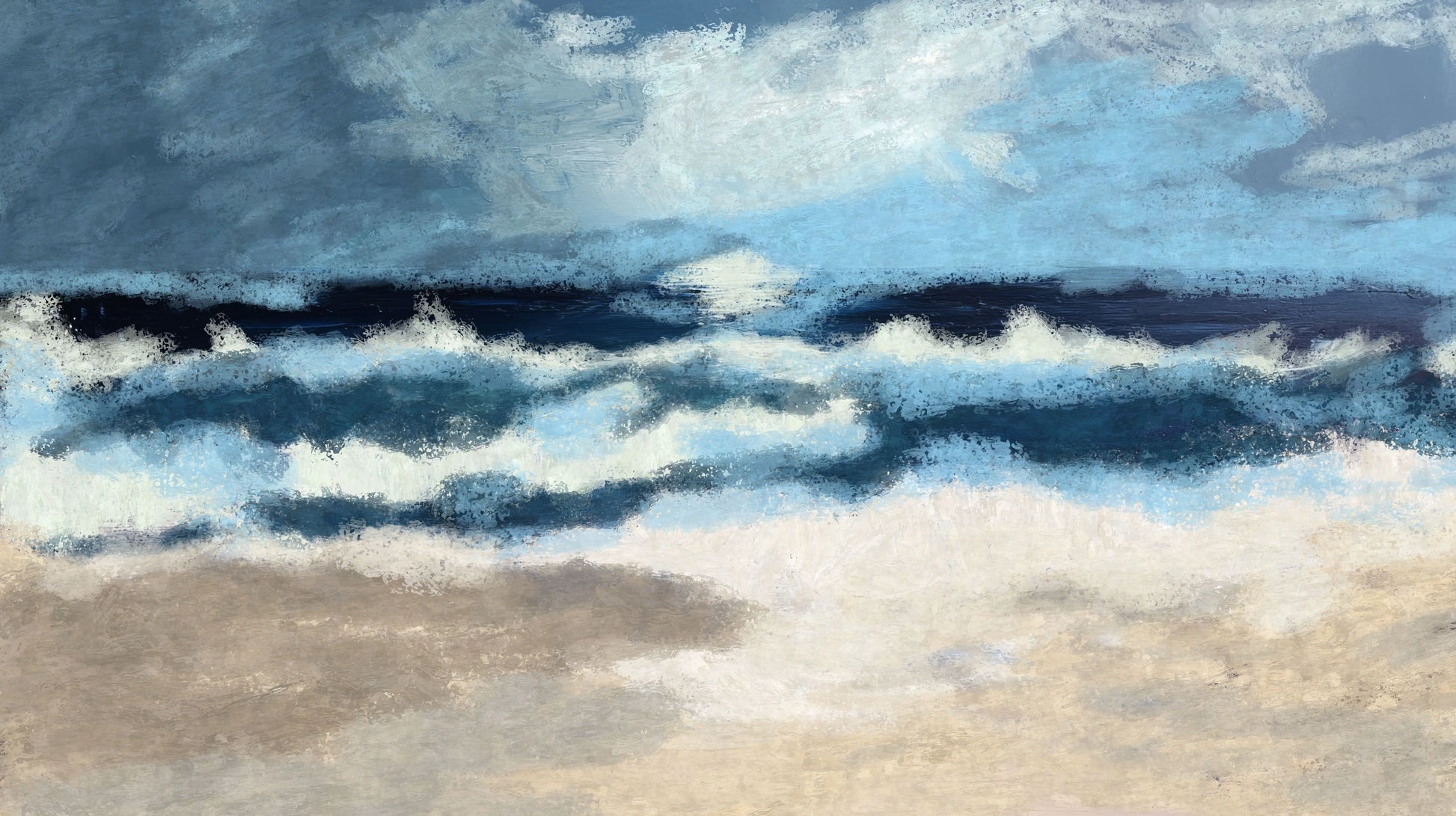 Artistic depiction of a beach scene with waves and sky.