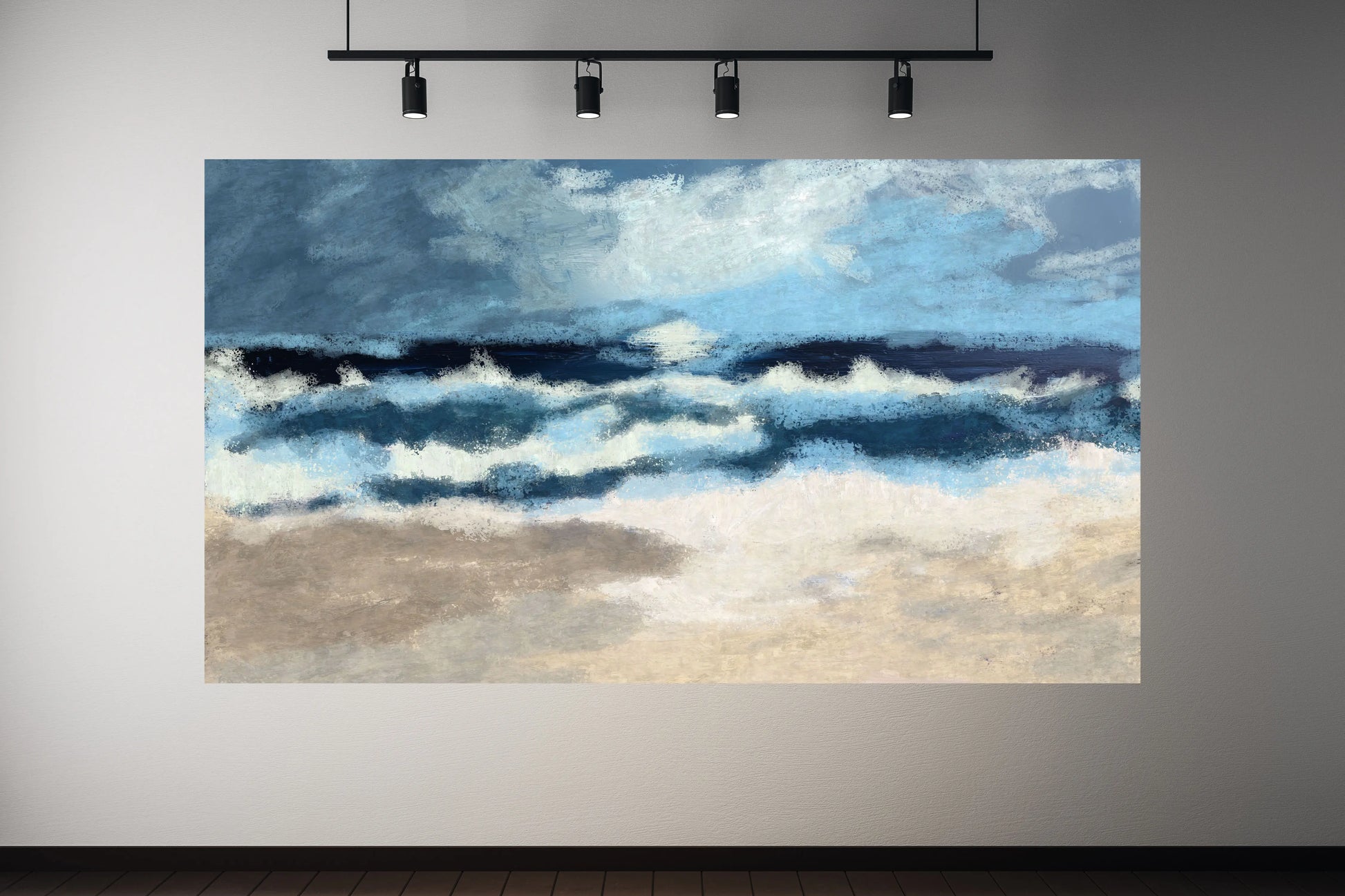 Abstract painting of clouds on a gray wall with spotlights.
