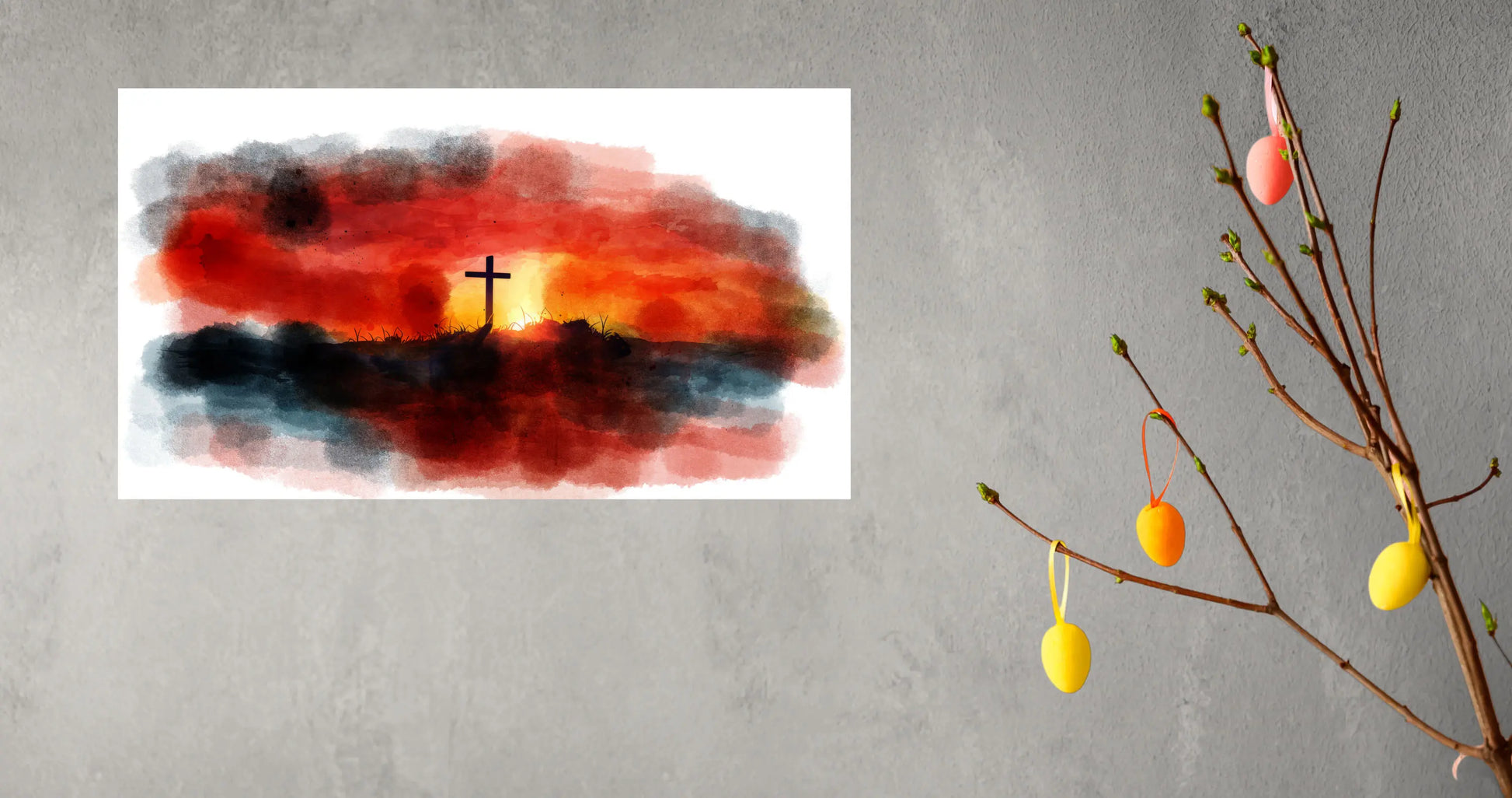Artistic depiction of a cross on a red and black background with yellow Easter eggs and a branch on a gray surface.