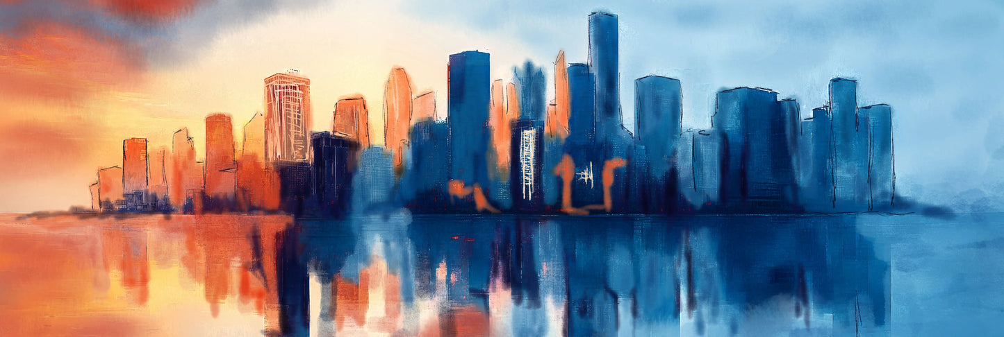 Dawn Reflection – serene geometric city skyline in warm sunrise tones and cool blues with a mirror-smooth watercolour reflection, art print by Phillip J Gordon. Instant digital download printable wall art.